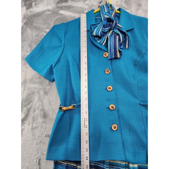 Vintage Leslie Fay Short Sleeve Blazer Striped Pleated Skirt Set Size 12 Blue - Picture 9 of 16